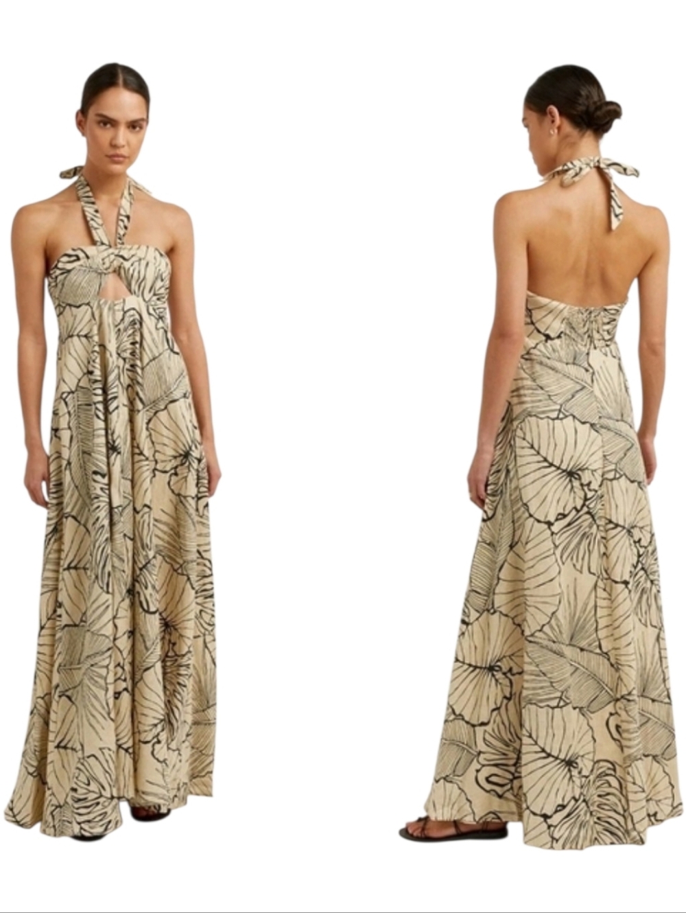 DISSH Beige Halter Maxi Dress with Black Leaf Print